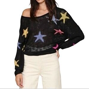 BLANK PAIGE Black Loose Knit Scoop Neck Of The Shoulder Pastel Star Sweater